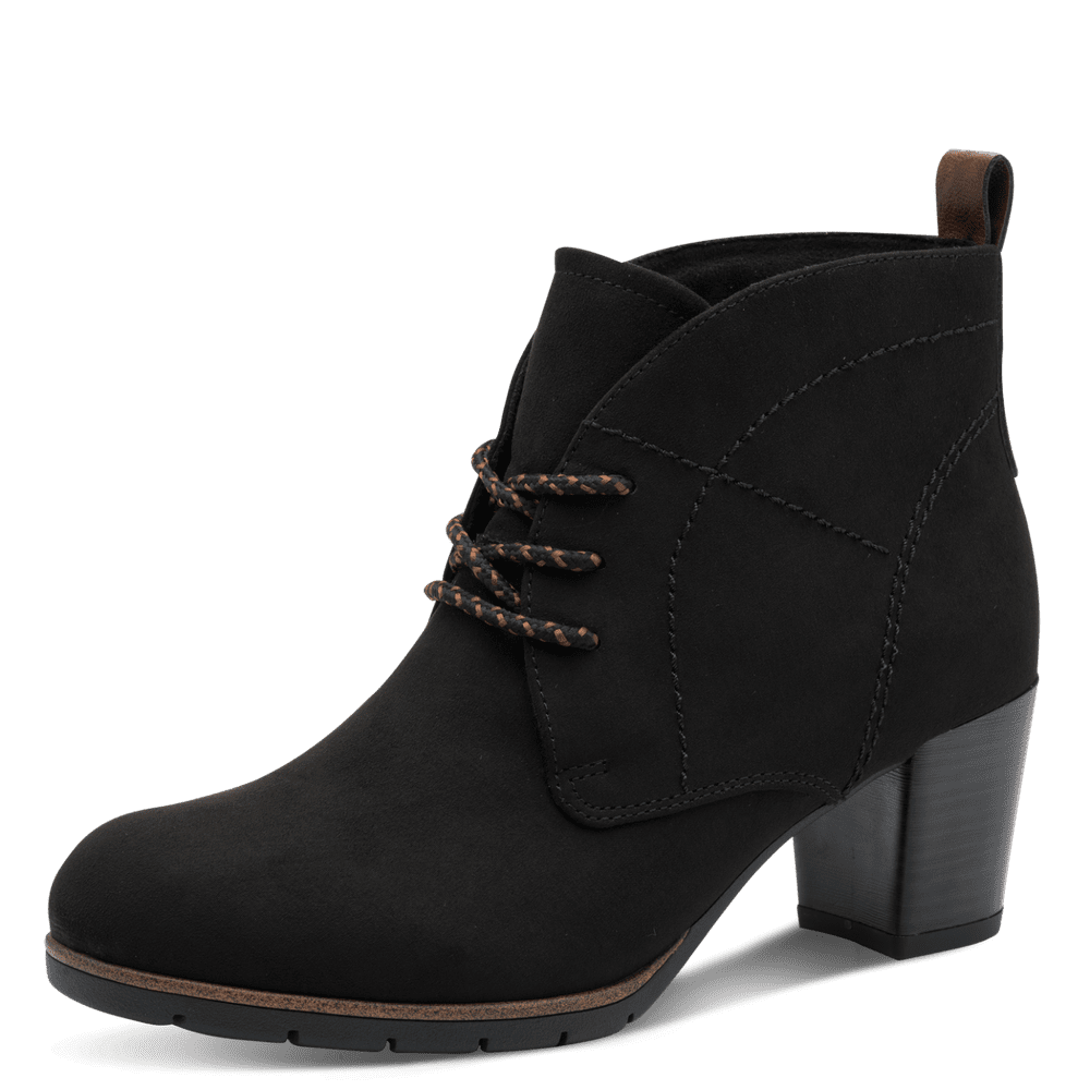Black ankle boot with a block heel on a transparent background