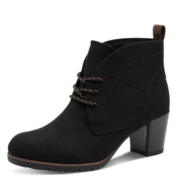 Black ankle boot with a block heel on a transparent background