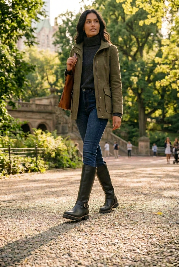 A single black knee-high boot with a textured leather upper, a black suede-like side panel, and a buckle strap around the lower leg, shown on a plain white background.