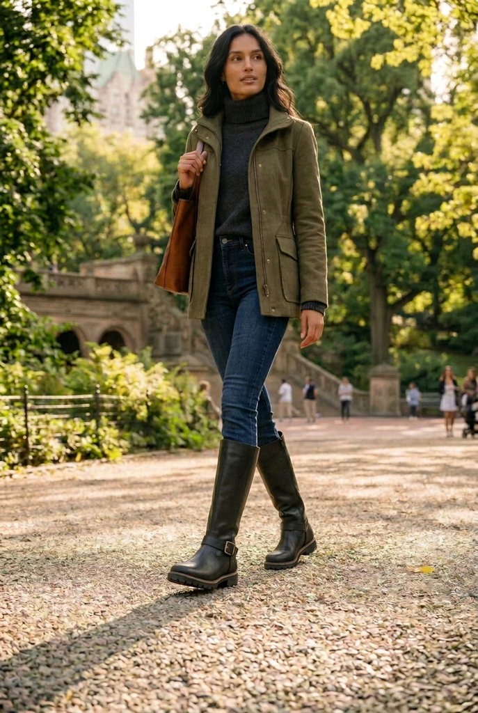 A single black knee-high boot with a textured leather upper, a black suede-like side panel, and a buckle strap around the lower leg, shown on a plain white background.