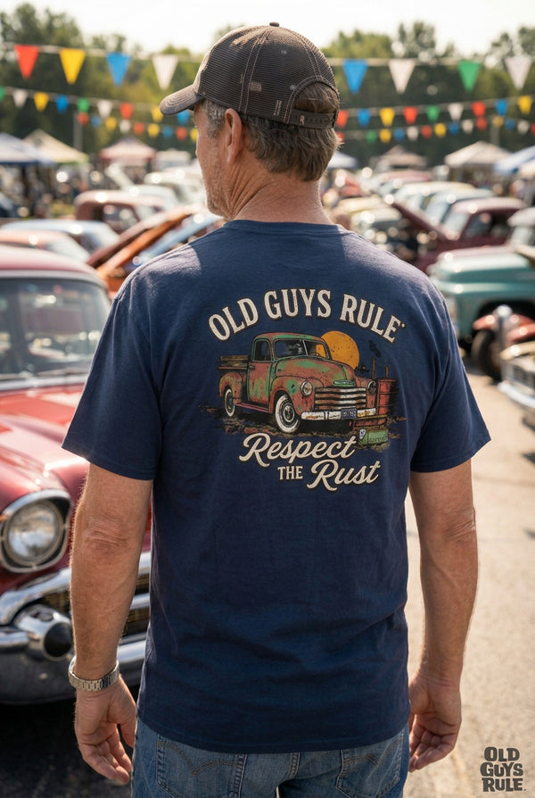 Navy blue t-shirt with vintage truck graphic and 'Old Guys Rule' text on a white background
